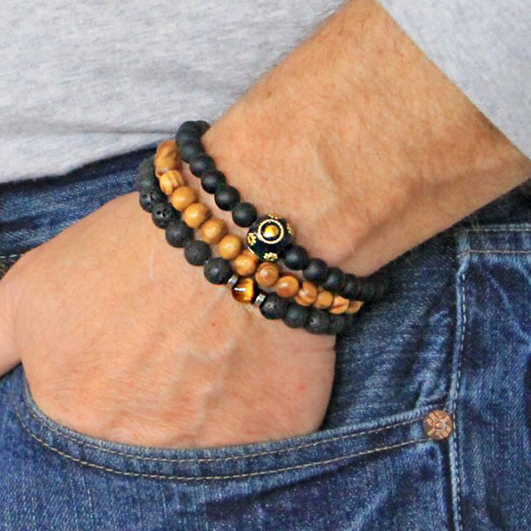 Men's Bracelets Set of 3 Beaded Stretch Bracelets Stack in Tones of Black and Natural Wood - M20