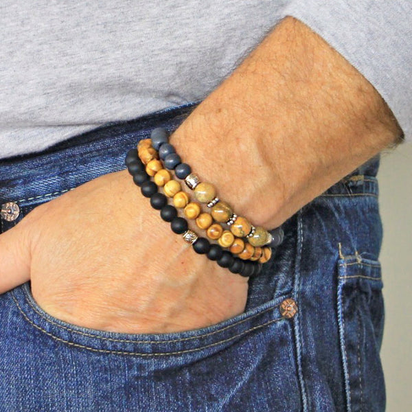 Men's Bracelets Set of 3 Beaded Stretch Bracelets Stack - M11