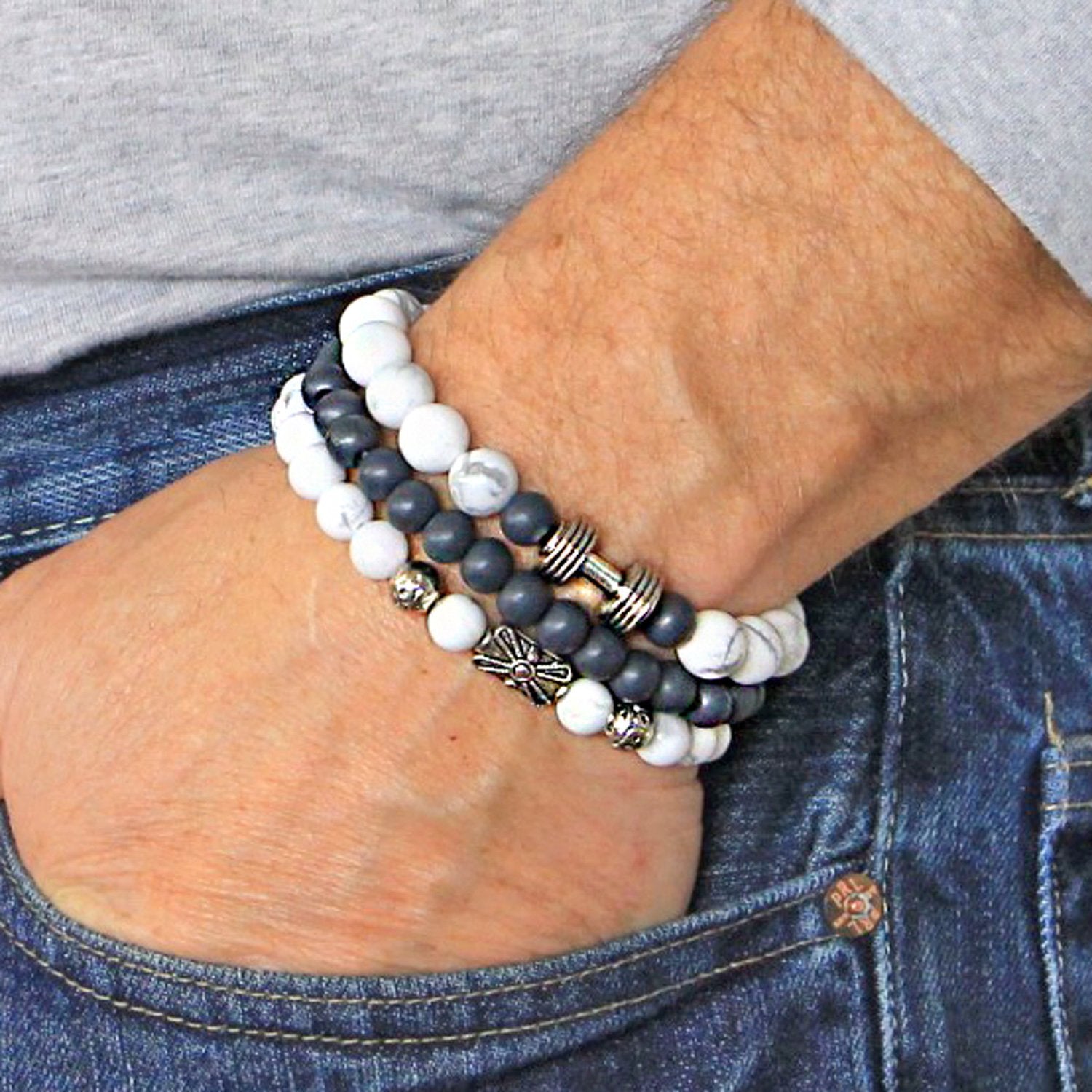 Men's Bracelets Set of 3 Beaded Stretch Bracelets Stack in Marbled White and Greys - M13