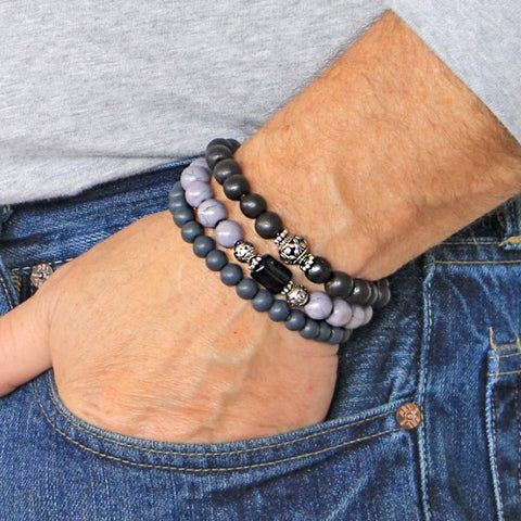 Men's Bracelets Set of 3 Beaded Stretch Bracelets Stack in Muted Grey and Blacks - M12