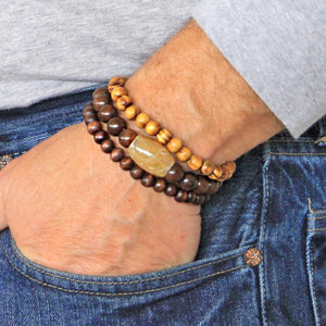 Men's Bracelets Set of 3 Beaded Stretch Bracelets Stack Wooden Beads Natural Tones - M17