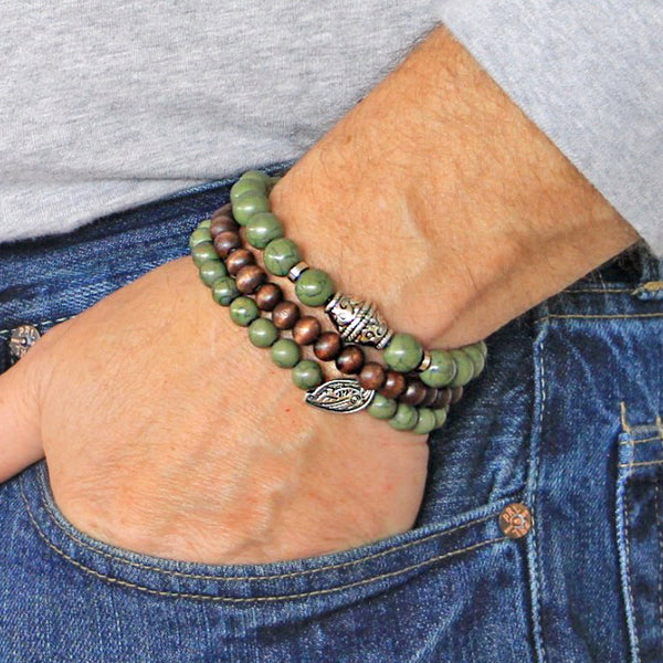Men's Bracelets Set of 3 Beaded Stretch Bracelets Stack in Natural Tones of Olive, Bronze and Brown - M15