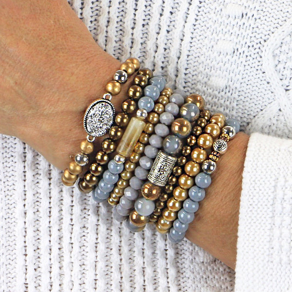 Beaded Bracelets Set of 9 Stretch Bracelets Multi Layer Earth Tones
