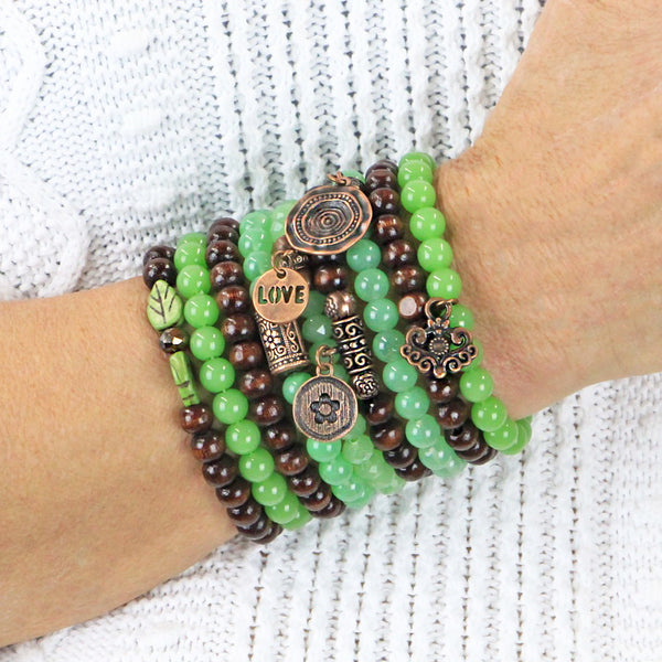 Stacking Bracelets Set of 9 Stretch Beaded Bracelets in Natural Woodland and Green Tones