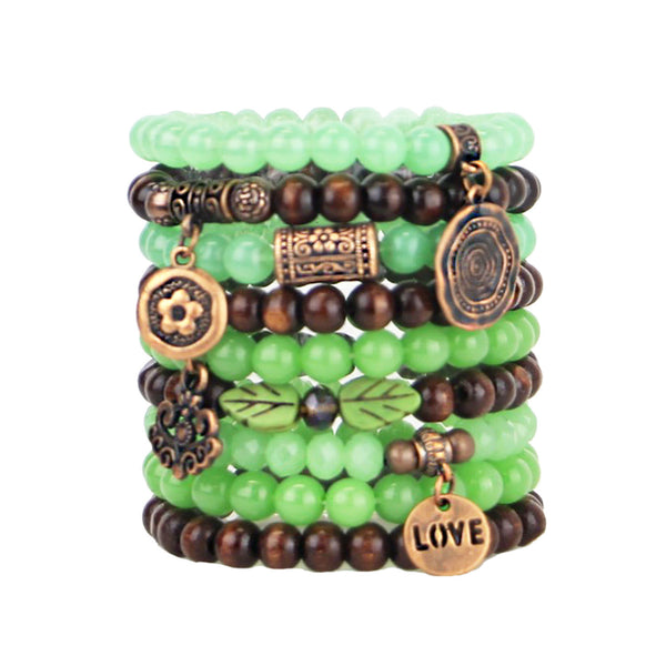 Stacking Bracelets Set of 9 Stretch Beaded Bracelets in Natural Woodland and Green Tones