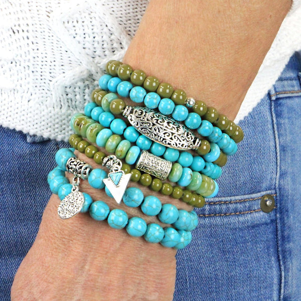 Beaded Bracelets Set of 8 Stretch Bracelets Yoga Zen Themed Stack