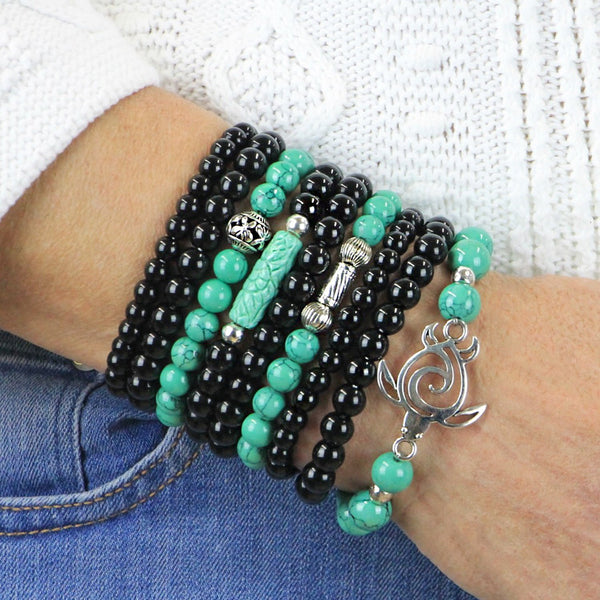 Beaded Bracelets Set of 9 Stacking Stretch Bracelets in Turquoise and Black Tones