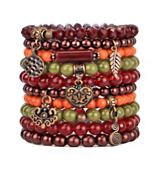 Beaded Bracelets Set of 10 Stretch Bracelets Stack with Copper Tone Charms