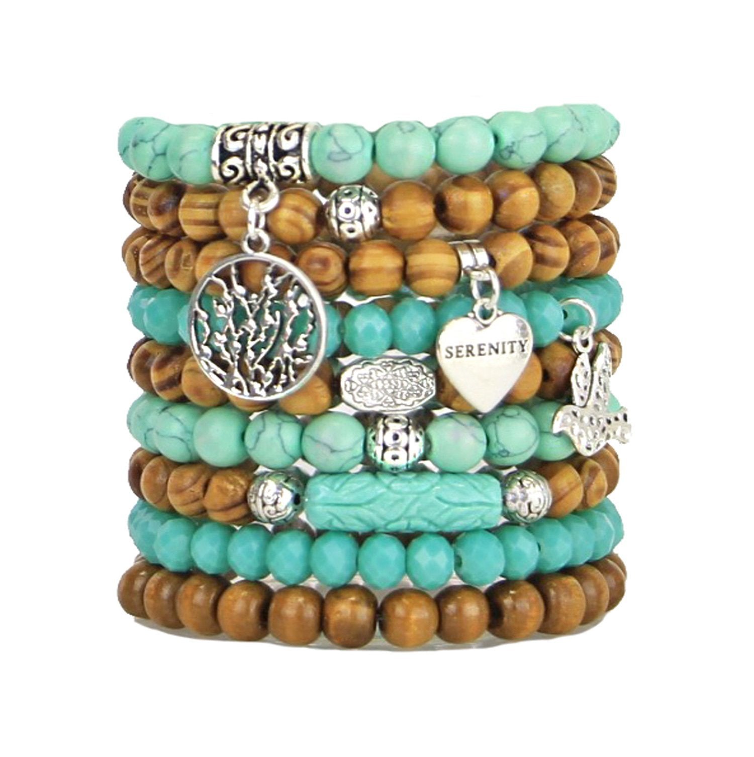Serenity Theme Bead Bracelets Set of 9 Stretch Stacking Bracelets