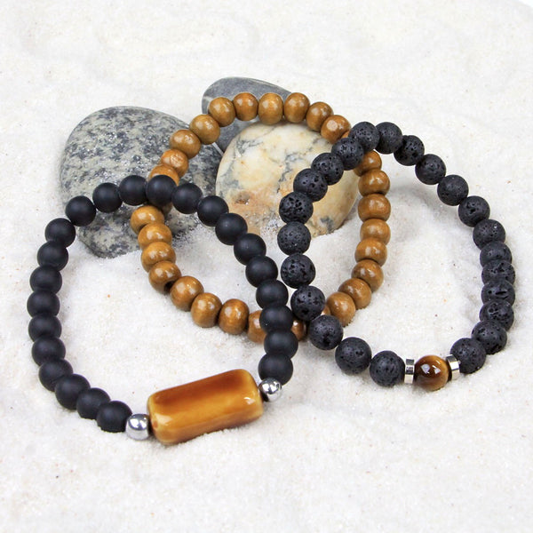 Men's Bracelets Set of 3 Beaded Stretch Bracelets Stack - M1