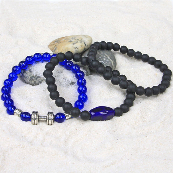 Men's Bracelets Set of 3 Beaded Stretch Bracelets Stack Blues and Black - M2