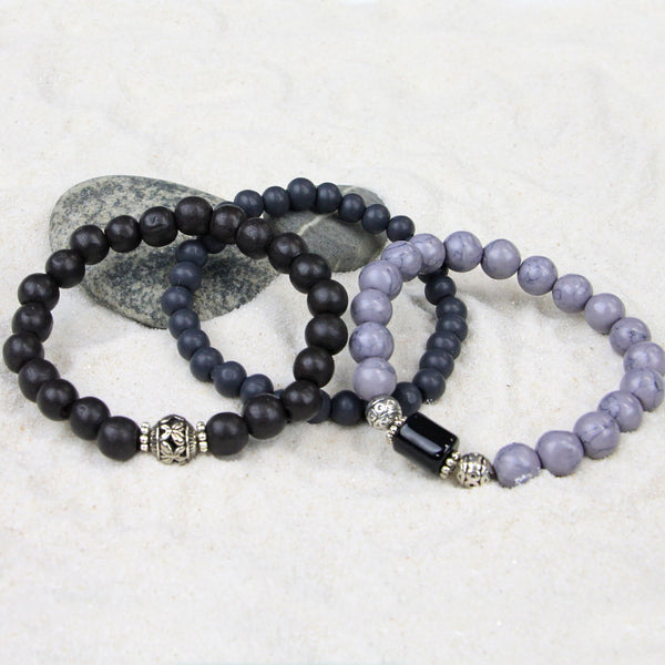 Men's Bracelets Set of 3 Beaded Stretch Bracelets Stack in Muted Grey and Blacks - M12