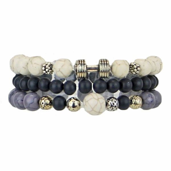 Men's Bracelets Set of 3 Beaded Stretch Bracelets Stack in Cream and Greys - M18