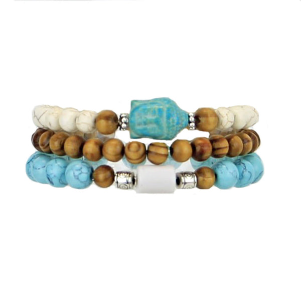 Men's Bracelets Set of 3 Beaded Stretch Bracelets Stack in Cream and Turquoise Yoga Buddha Theme - M19