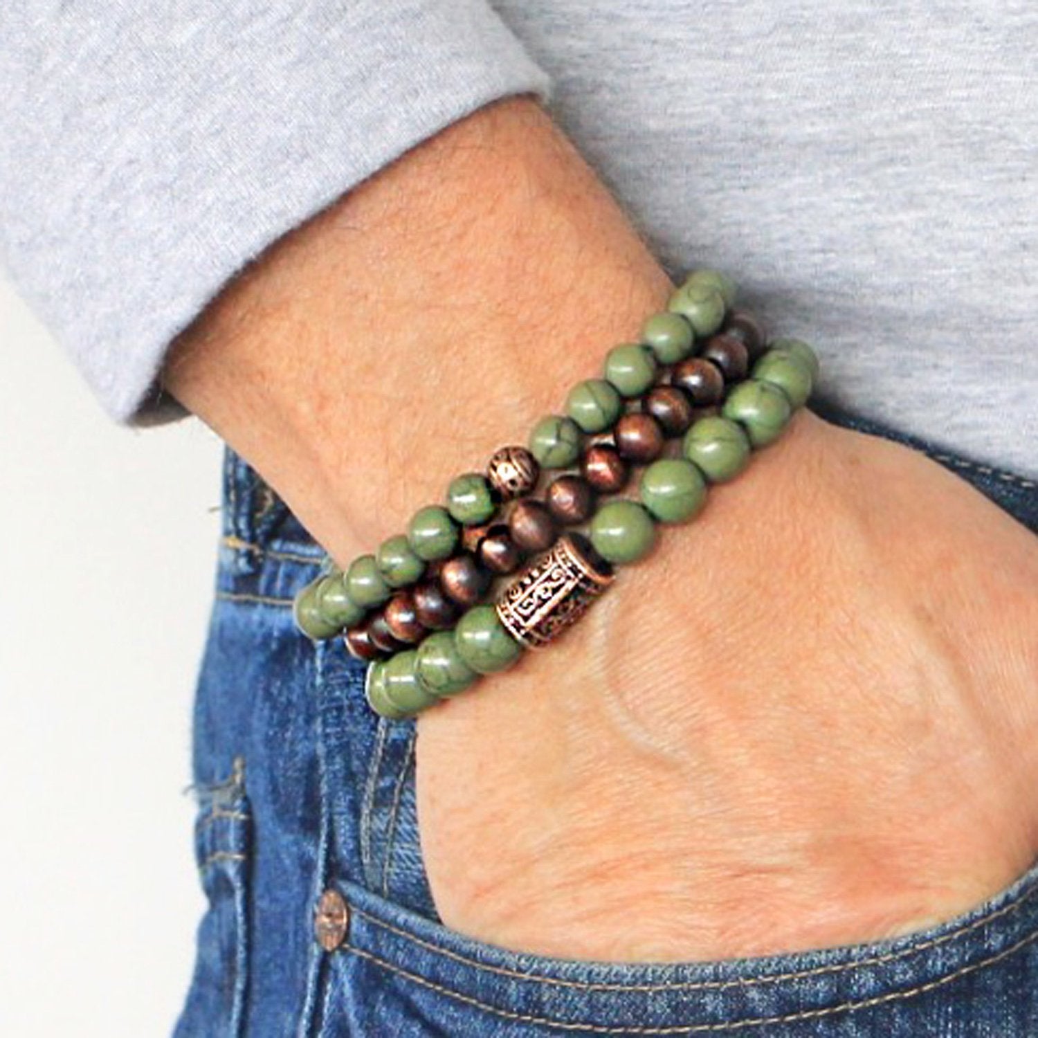 Men's Bracelets Set of 3 Beaded Stretch Bracelets Stack in Natural Tones of Olive, Bronze and Brown - M3