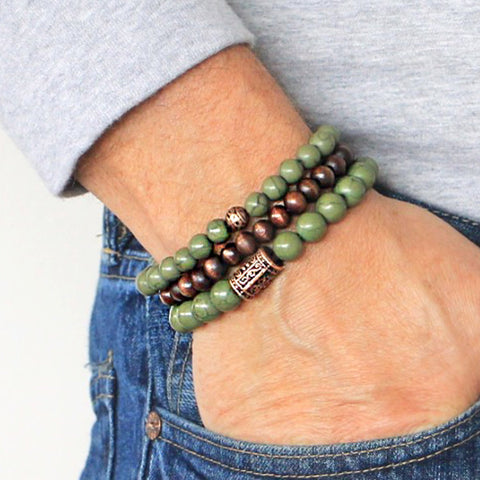 Men's Bracelets Set of 3 Beaded Stretch Bracelets Stack in Natural Tones of Olive, Bronze and Brown - M3