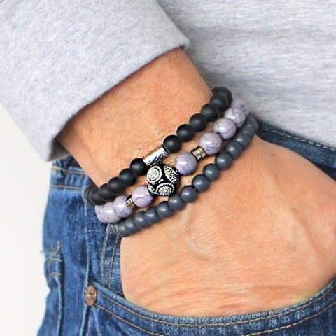 Men's Bracelets Set of 3 Beaded Stretch Bracelets Stack in Muted Grey and Blacks - M4