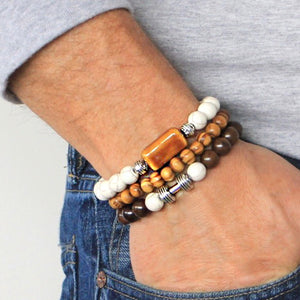 Men's Bracelets Set of 3 Beaded Stretch Bracelets Stack of Earth Tones - M8
