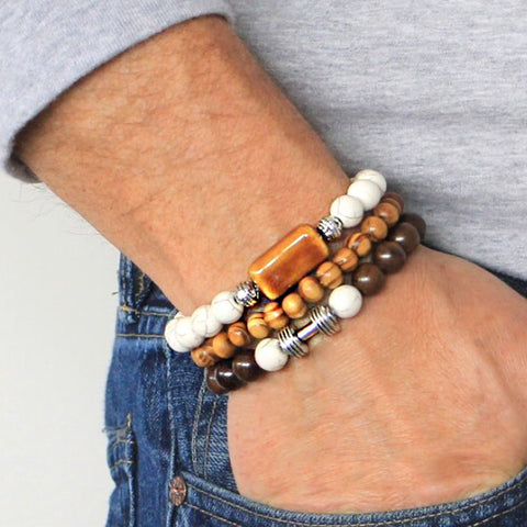 Men's Bracelets Set of 3 Beaded Stretch Bracelets Stack of Earth Tones - M8