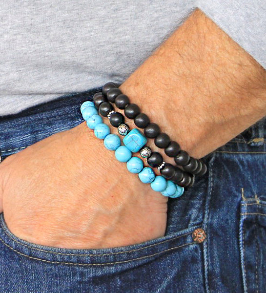Men's Bracelets Set of 3 Beaded Stretch Bracelets Turquoise and Black wooden Bead Stack - M10