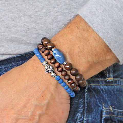 Men's Bracelets Set of 3 Beaded Stretch Bracelets Stack in Denim Blues and Brown - M14