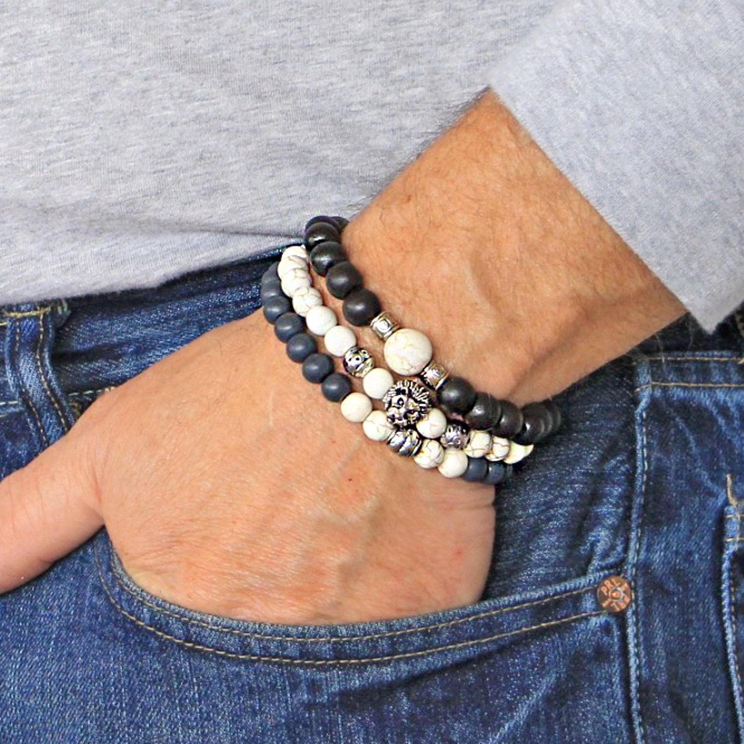 Men's Bracelets Set of 3 Beaded Stretch Bracelets Stack in Cream and Black - M16