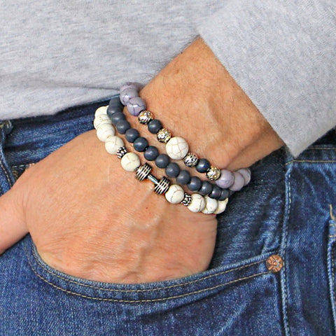 Men's Bracelets Set of 3 Beaded Stretch Bracelets Stack in Cream and Greys - M18