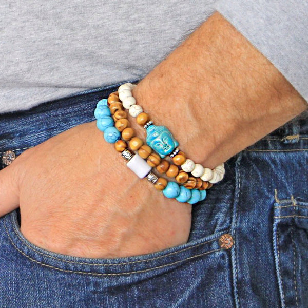 Men's Bracelets Set of 3 Beaded Stretch Bracelets Stack in Cream and Turquoise Yoga Buddha Theme - M19