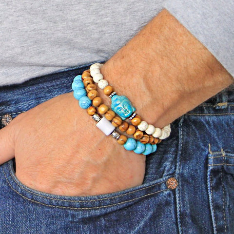 Men's Bracelets Set of 3 Beaded Stretch Bracelets Stack in Cream and Turquoise Yoga Buddha Theme - M19