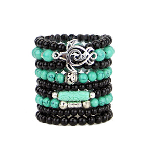 Beaded Bracelets Set of 9 Stacking Stretch Bracelets in Turquoise and Black Tones