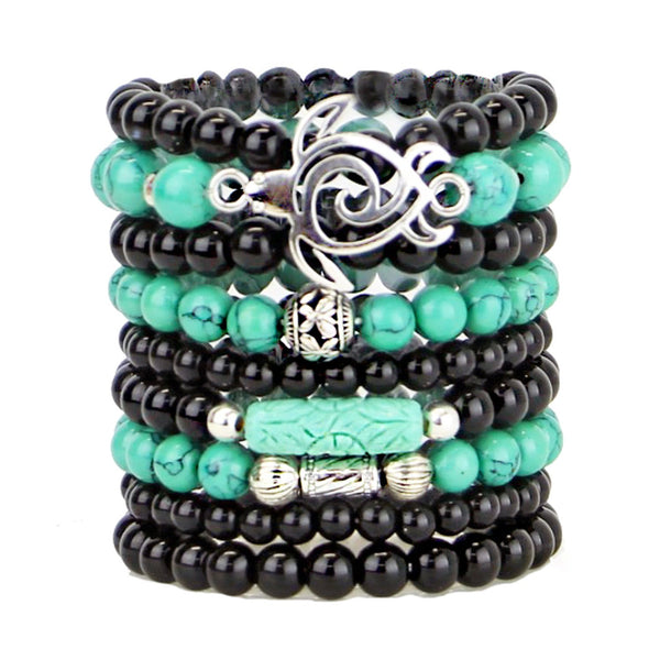 Beaded Bracelets Set of 9 Stacking Stretch Bracelets in Turquoise and Black Tones
