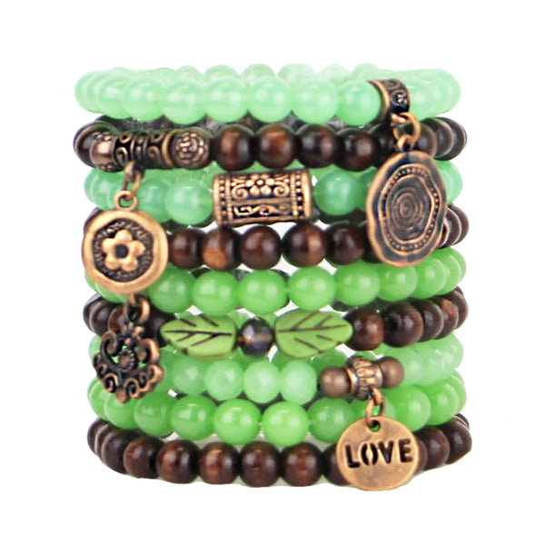 Stacking Bracelets Set of 9 Stretch Beaded Bracelets in Natural Woodland and Green Tones